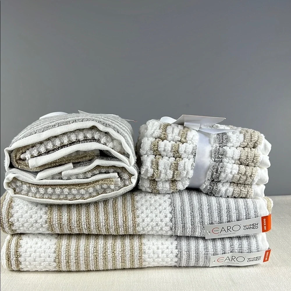 Caro Home Bath Towel Set White Gray Tan Stripe Plush Bath Hand Wash 8 Pc NEW